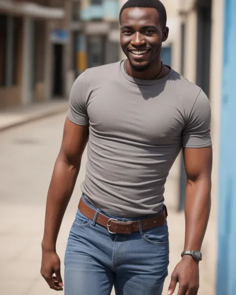 a fit African man, smile, grey tshirt, brown leather belt, blue jeans, street photography