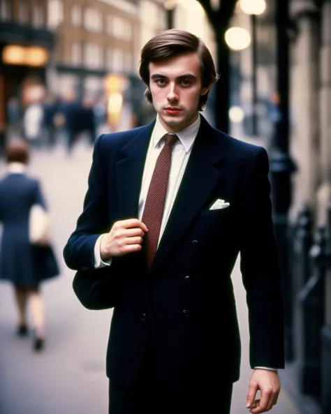 a handsome British man in a suit, London, 1980s, street photography, bokeh
