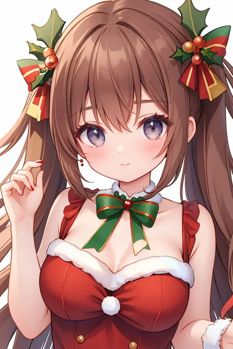 anime girl in a red dress with a green bow and a red bow