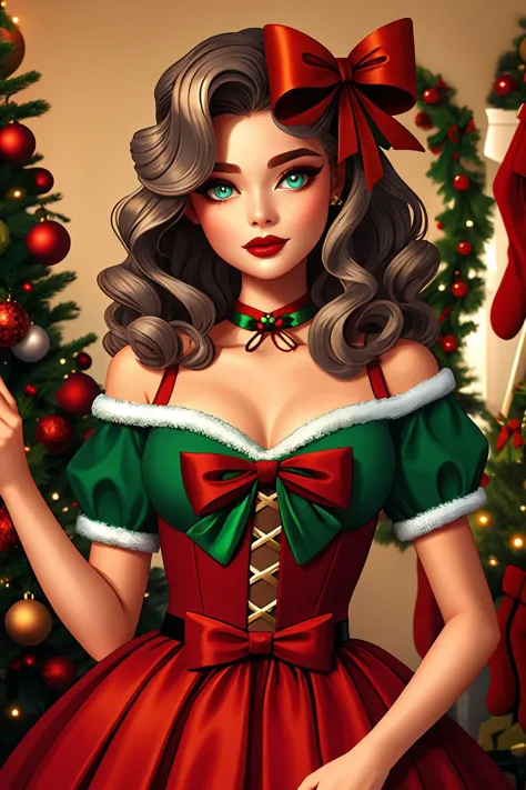 a close up of a woman in a dress near a christmas tree