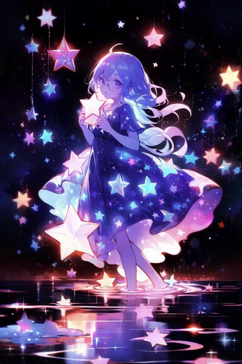 <lora:xcdd:1> xcdd, dress, wading, star, water, sky, night, glowing, sparkle, star, night sky, backlighting, light particles, floating hair,  <lora:LIP:1> (LilyPichuTI:0.9), glasses,, absurdres, ultra detailed, masterpiece, best quality, aesthetic, detailed,