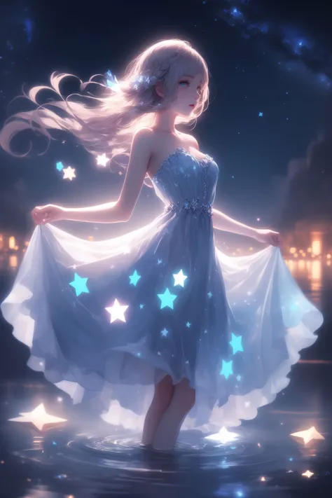 xcdd,1girl,solo,dress,wading,star \(symbol\),long hair,skirt hold,water,white dress,bare shoulders,sky,night,glowing,standing,profile,bare arms,sparkle,strapless,braid,star \(sky\),strapless dress,looking at viewer,outdoors,night sky,<lora:xcdd:0.6>,star \(symbol\) on dress,, (masterpiece, best quality, high quality, highres, ultra-detailed),