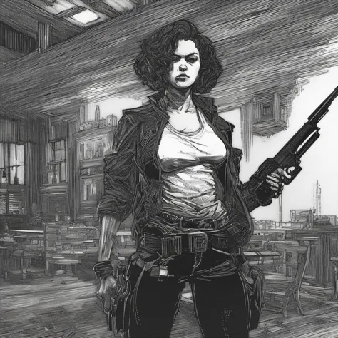 a drawing of a woman holding a gun in a room