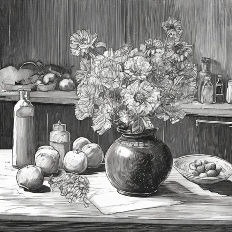 there is a drawing of a vase of flowers on a table