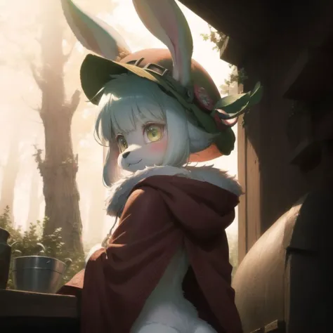 (nanachi | bunny_girl, furry, anthro, bipedal), abyssal hat, nanachi's hideout, red cloak, forest, intricate detail, fire oven, ...