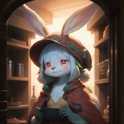 (nanachi | bunny_girl, furry, anthro, bipedal), abyssal hat, nanachi's hideout, red cloak, forest, intricate detail, exploding o...