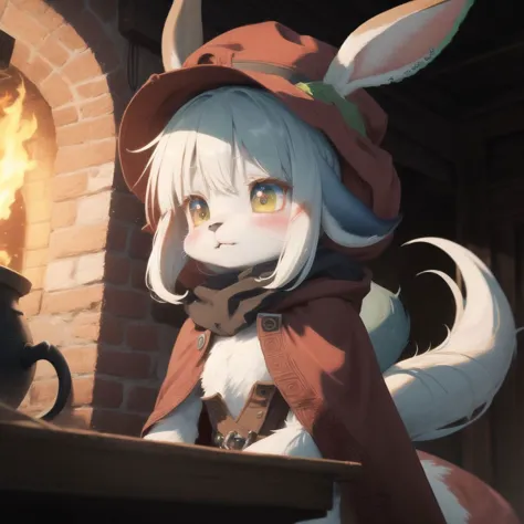 (Nanachi | bunny_girl, furry, anthro, bipedal), abyssal hat, nanachi's hideout, red cloak, forest, intricate detail, fire oven, sexy, lewd, blush,