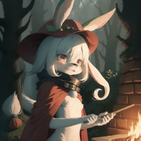 (Nanachi | bunny_girl, furry, anthro, bipedal), abyssal hat, nanachi's hideout, red cloak, forest, intricate detail, fire oven, sexy, lewd, blush, booty,