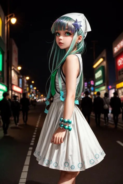 goth_punk, ikamusume, 1girl, solo, full body shot, walking in harajuku, ((night time)), bokeh, neon light, iridescent eyes, starry sky, white hair, white eyebrow, earrings, bangs, jewelry, blunt bangs, green eyes, blurry background, blurry, hair ornament, looking at viewer, short hair, portrait, sidelocks <lora:add_detail:1>  <lora:Ikamusume:1>