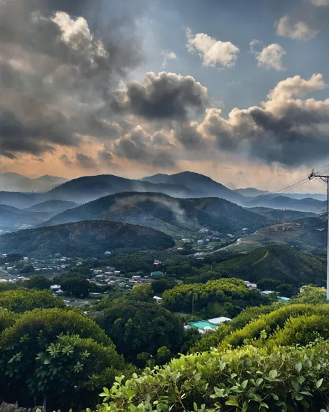 score_9,score_8_up,score_7_up,
a picturesque landscape with a backdrop of towering mountains partially obscured by mist. In the foreground, there's a lush green orchard with trees bearing red fruits. Power lines crisscross the scene, adding a modern touch to the otherwise natural setting. The town or village below is nestled among the green hills, with buildings closely packed together. The sky is overcast, suggesting a cloudy day.