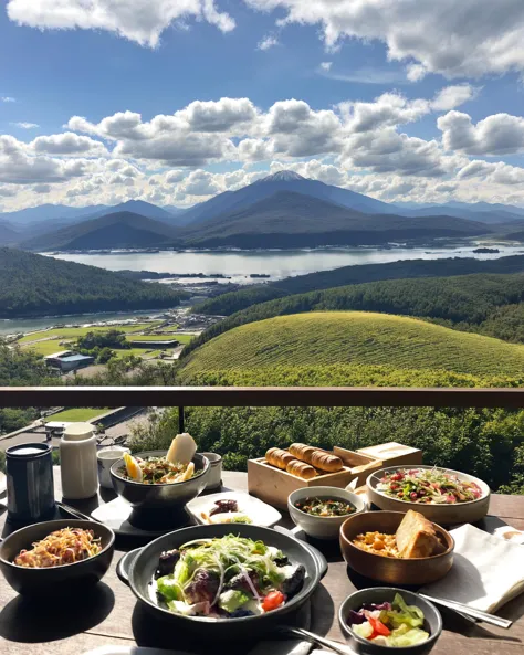 score_9,score_8_up,score_7_up,
a serene outdoor setting with a breathtaking view of Mount Fuji in the background. In the foreground, there's a table set with a variety of food items, including bread rolls, a bowl of salad, and a cup of beverage. There are also some condiments and utensils. The table is placed on a balcony or terrace, offering a panoramic view of the lake and the surrounding landscape. The sky is clear, and the overall ambiance is calm and peaceful.