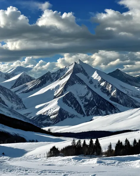 score_9,score_8_up,score_7_up,
a snow covered mountain range with a blue sky in the background. the snow is pristine and untouch...