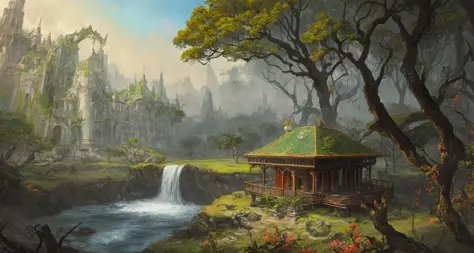 old painting style, colorful, highly detailed, high resolution, ray tracing reflections, dramatic lighting, 8k vibrant colors, detailed acrylic, intricate complexity, soft natural volumetric cinematic perfect light, oil painting,
star \(sky\), landscape, empty, a larger plants, waterfall, claping,small fire, ruin, smoking,warship,a large gunfire,bodies and skull, a lot of widelife,abandoned overgrown castle mansion in a forest, oversaturated, princess tower, gazebo, balcony,