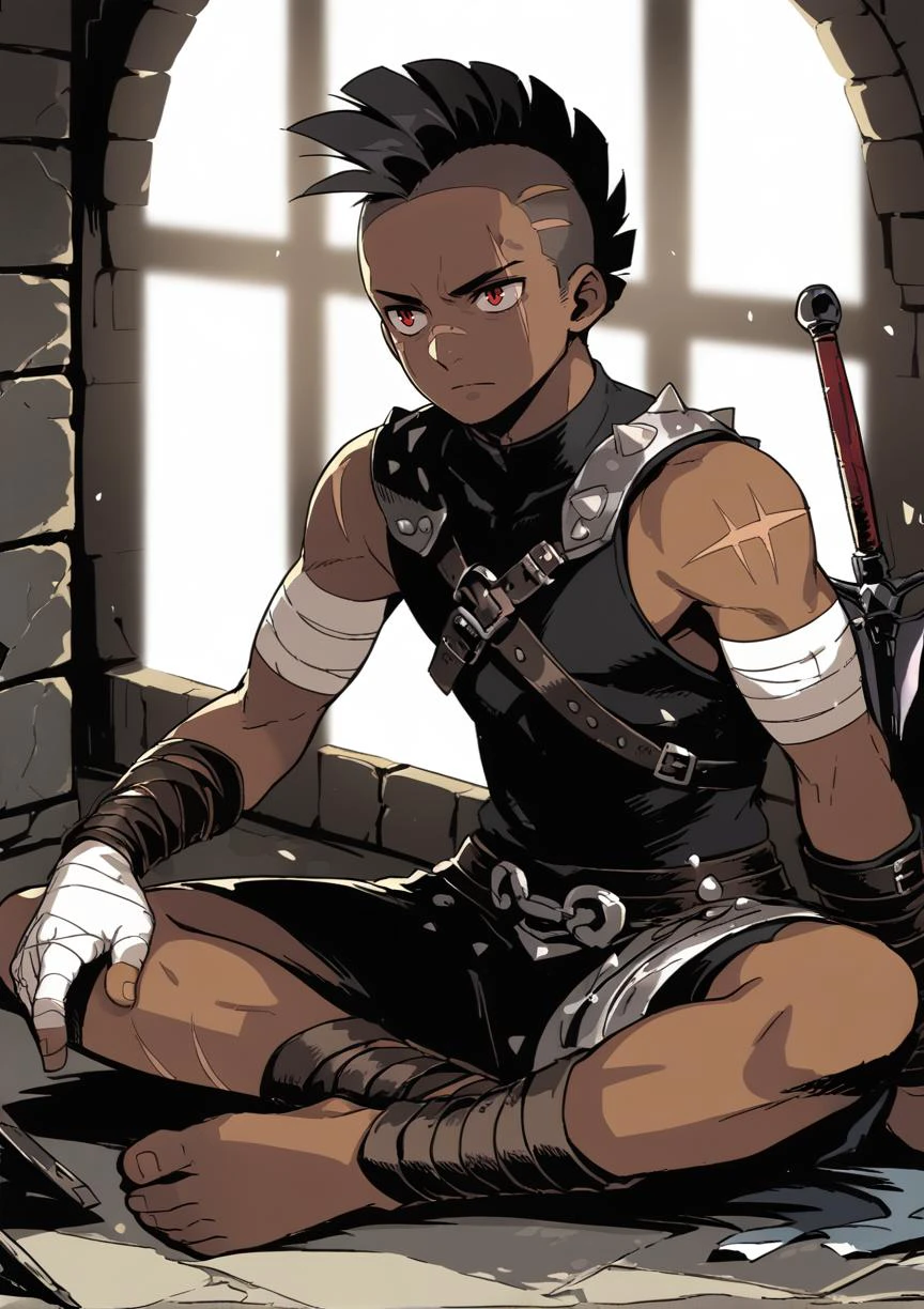 1boy, solo, sitting, close-up, serious, black hair, mohawk, dark skin, red eyes, black clothes, gladiator, bandages, spikes, multiple scars, standing, indoors, dungeon,  score_9, score_8_up, score_7_up, score_6_up, score_5_up, score_4_up, BREAK source_anime, masterpiece