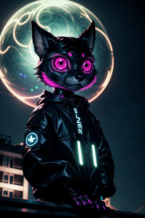 a close up of a person wearing a cat costume with neon lights