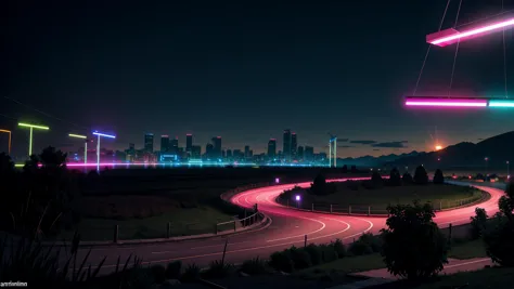 a close up of a city at night with a street light