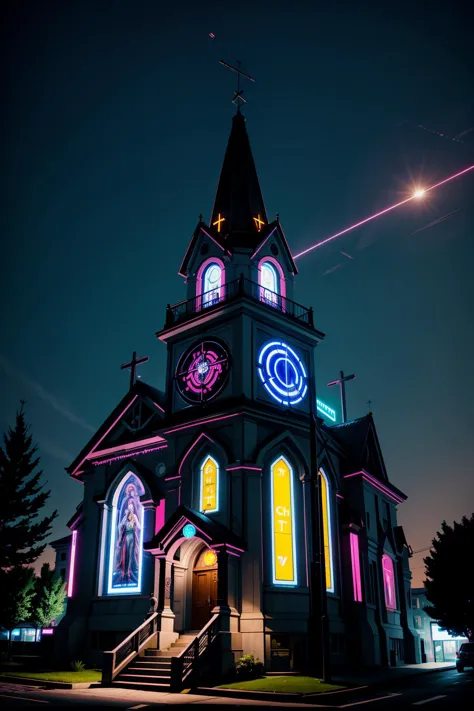 arafed church with a clock tower and neon lights on the front