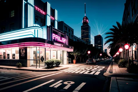 nighttime view of a city street with a neon lit building