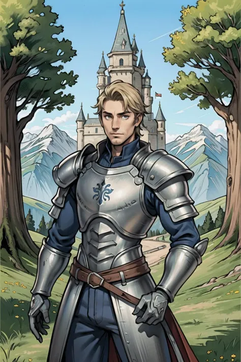 a man in armor standing in front of a castle