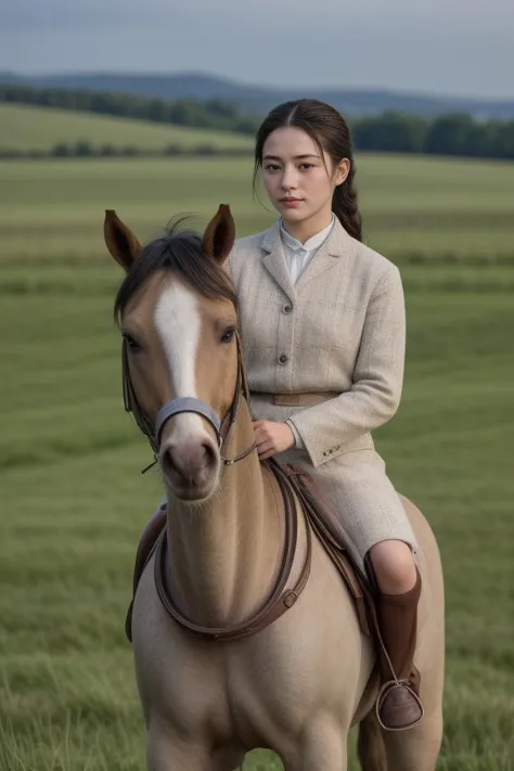 9. Female equestrian (ethnicity: White, age: mid-20s) in a rustic stable (setting: countryside, dawn). She's wearing traditional...