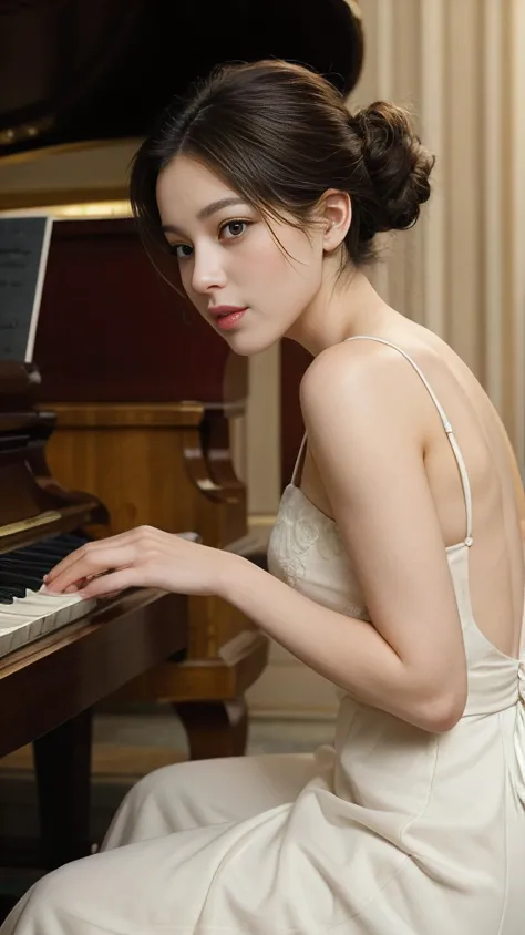 A woman, hands gracefully playing a grand piano in an opulent concert hall, notes resonating with emotion and elegance, creating...