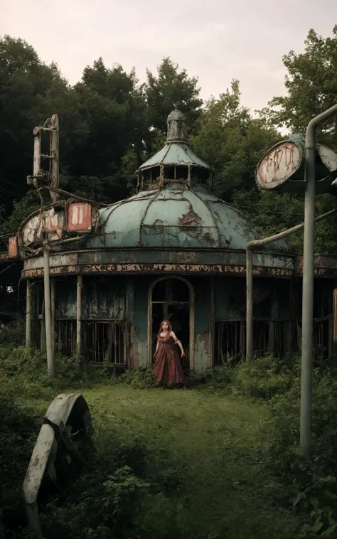 Rediscovering an Abandoned Amusement Park: Conjure an image of an abandoned amusement park reclaimed by nature, with overgrown v...