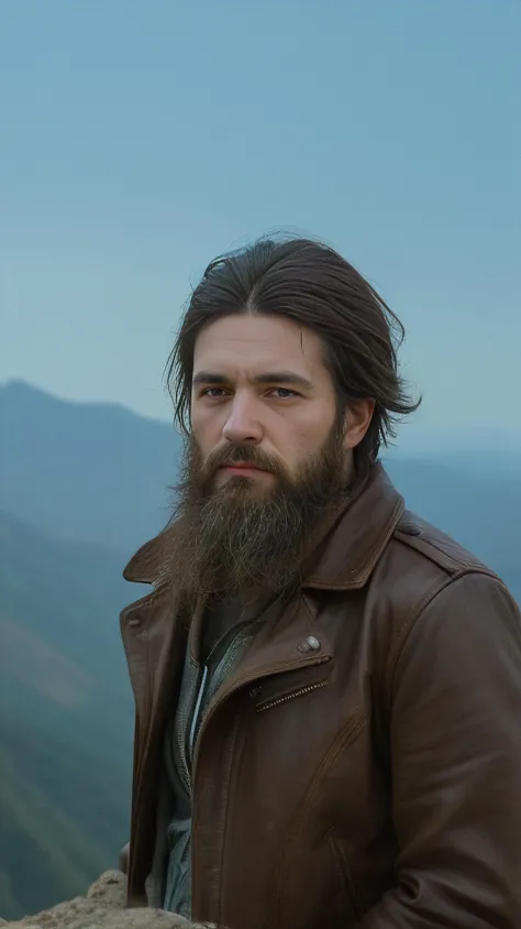 A man on a mountain summit, face weathered and bearded, eyes reflecting the wisdom of solitude, wearing a rugged, leather jacket...