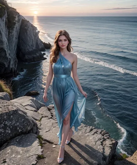 a woman in a blue dress standing on a cliff by the ocean