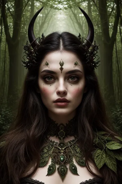 dryadwoman in a mythical forest, masterpiece, perfect face, intricate details, horror theme