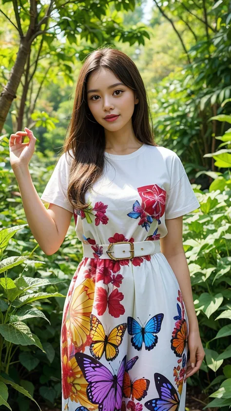 A woman in a botanical garden, surrounded by butterflies, wearing a dress that mirrors their vibrant colors and patterns, embody...