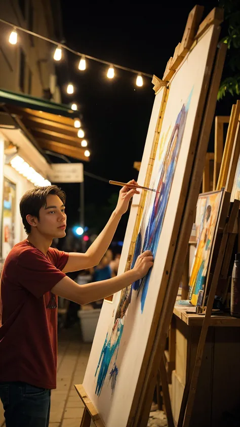 A painter, brush strokes bringing life to a canvas under the soft lights of a nighttime open-air market, embodying the passionat...