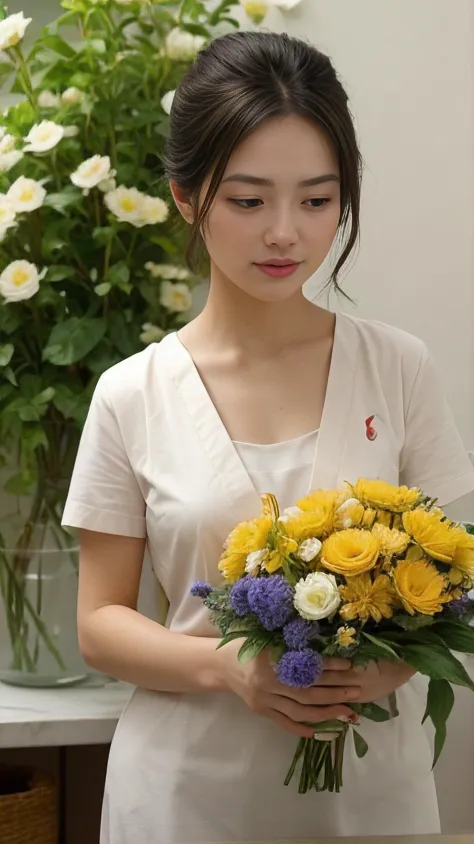 araffe woman holding a bouquet of yellow and white flowers