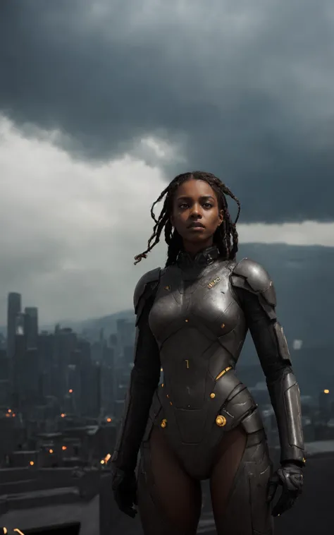(style of Annie Leibovitz),(intense dramatic lighting),((dark-skinned woman in sci-fi military-style uniform standing in front o...