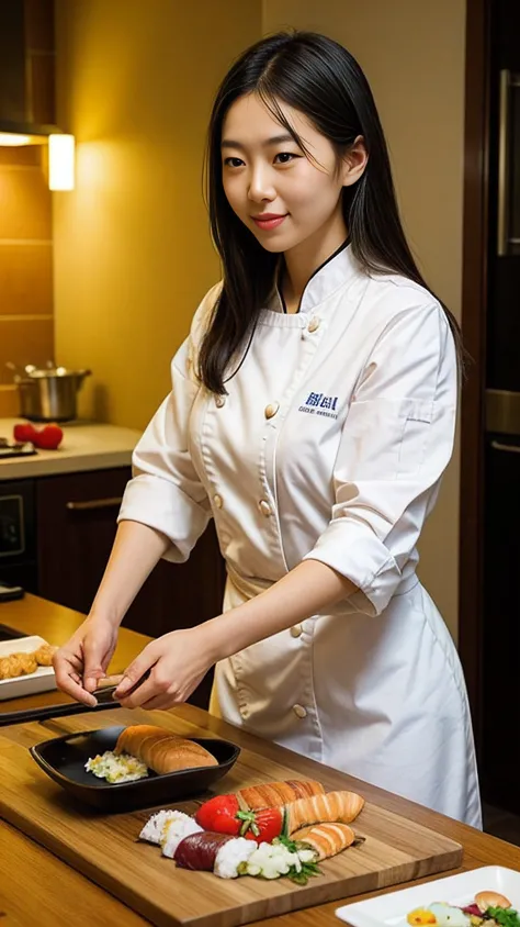 A sushi chef, in a zen-like kitchen, hands artfully preparing a delicate, colorful array of sushi, embodying the refined beauty of culinary arts, tradition, and the aesthetic presentation of flavors.