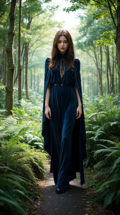 A woman in a mystical forest, cloaked in a velvet cape, surrounded by ethereal lights and ancient trees, embodying the enchantin...