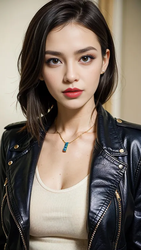 Woman, intense gaze, smoky eyes, subtle smile, lipstick matte, edgy hairstyle, leather jacket, statement jewelry, makeup defining features, strong portrait expressions, detailed outfit, attitude captured, fierce femininity portrayed, modern style emphasis.