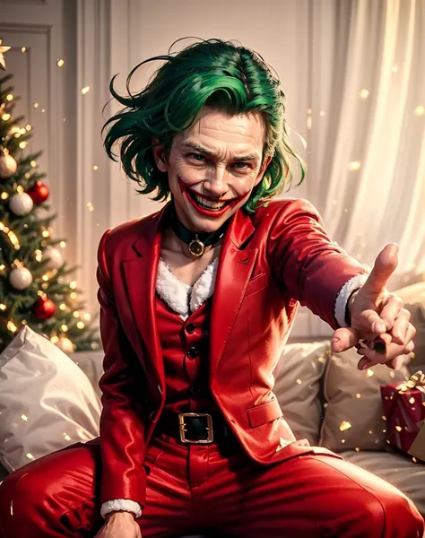 cinematic film still , <lora:quiron_Chritsmas_v1_lora:0.67> ChristmasQuiron style, Christmas, Christmas tree, Christmas decorations,  Christmas style, Christmas spirit, best quality, ultra detailed, 8k, mysterious,   hero pose, The Joker (DC Comics): The Joker's colorful suit, wild green hair, and maniacal grin make him an iconic and recognizable character for cosplay., . shallow depth of field, vignette, highly detailed, high budget Hollywood movie, bokeh, cinemascope, moody, epic, gorgeous, film grain, grainy