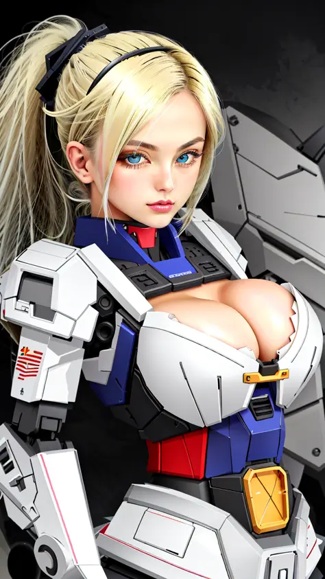 (gundam-rx78:0.8), ultra high res, best quality, photo, 4k, (photorealistic:1.4), 1girl, (quironSilviaSaintV1:1.4), solo,  blond hair, (beautiful face, beautiful eyes:1.2), Floating in space, Big Bang, (wearing mecha armor:1.2), depth of field, motion line...