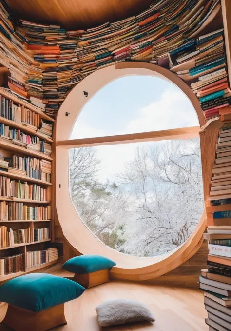 a cozy, book-filled library where the books come alive, their pages forming colorful tendrils that wrap around a sleep-deprived ...