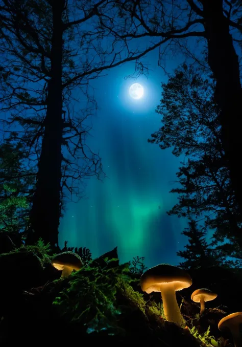 image of a serene, moonlit forest with towering, glow-in-the-dark mushrooms and a elf figure trapped in a beautiful yet mysterio...