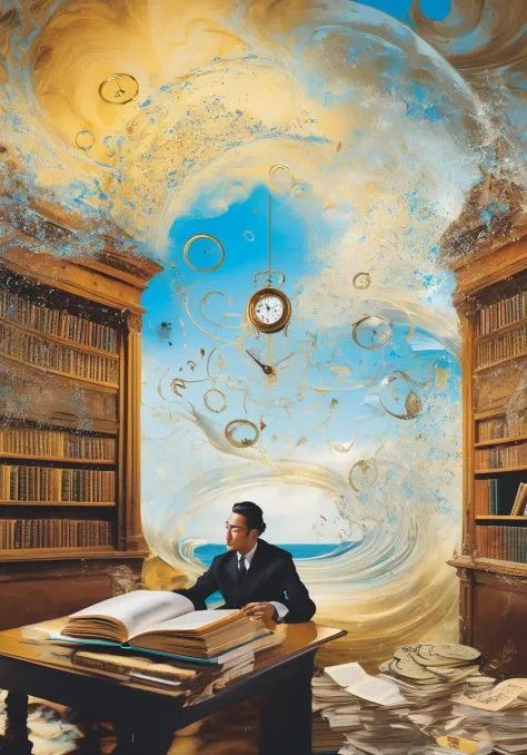 Photo of a study room, where the foreground depicts a person frustratedly flipping through books, surrounded by swirling thought...