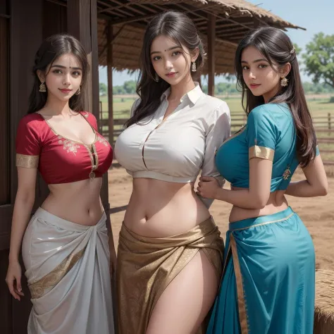 3girls, realistic photograph of three young rustic Tamil village belle dressed in an ((unhooked blouse and Indian skirt)) standi...