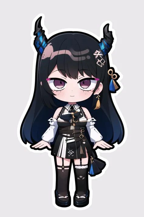 a cartoon girl with black hair and horns in a black outfit