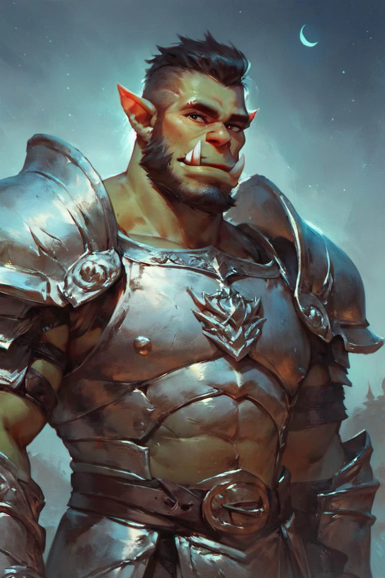 score_9, score_8_up, score_7_up, solo, male focus, mature male, orc, green skin, tusks, beard, outdoors, armor, looking at viewer, shoulder armor, breastplate, upper body, closed mouth, pauldrons, night, night sky, standing 