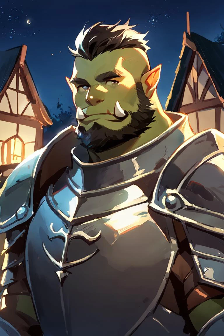 score_9, score_8_up, score_7_up, solo, male focus, mature male, orc, green skin, tusks, beard, outdoors, armor, looking at viewer, shoulder armor, breastplate, upper body, closed mouth, pauldrons, night, night sky, standing 