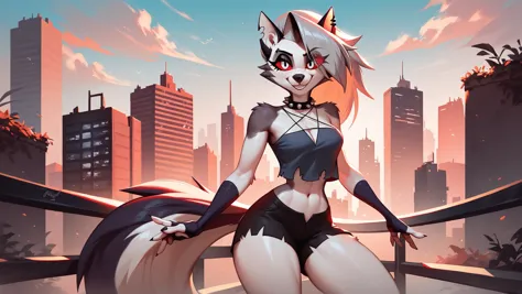 score_9_up,score_8_up,1girl,solo,amazing composition,incredible lighting,smiling,detailed background,<lora:Smooth Anime 2 Style SDXL_LoRA_Pony Diffusion V6 XL:1>,shiny skin,outdoors,loona_(helluva_boss),anthro,city in hell,sleeveless shirt,short shorts,