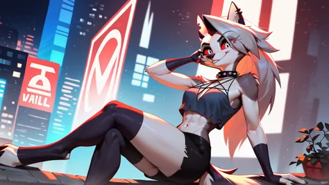 score_9_up,score_8_up,1girl,solo,amazing composition,incredible lighting,smiling,detailed background,<lora:Smooth Anime 2 Style SDXL_LoRA_Pony Diffusion V6 XL:1>,shiny skin,outdoors,loona_(helluva_boss),anthro,city in hell,sleeveless shirt,short shorts,