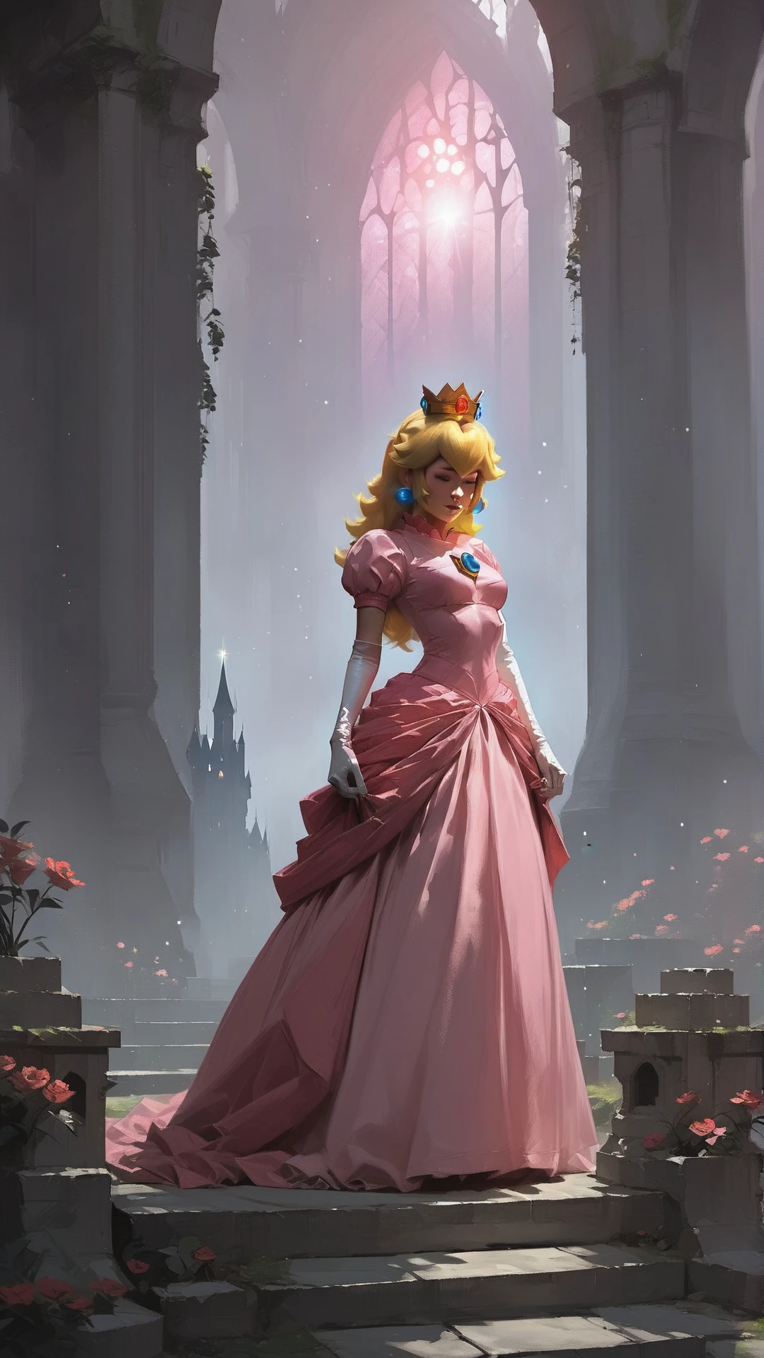score_9,score_8_up,score_7_up,source_cartoon,source_anime,1girl,intricate,outdoors,castle,highly detailed,soft lighting,soft particles,glowing,medium breasts,curvy,digital art,realistic,princess peach,pink dress,