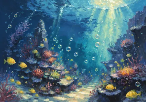 art by toridamono, underwater, art by hayao miyazaki, a painting of a beautiful underwater landscape, bubbles, oil painting \(medium\), deep ocean, underwater city, art by takehito harada,  <lora:Impressionism Oil Painting Style LoRA_Pony XL v6:0.5>, asymmetrical, golden ratio