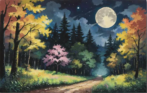 art by toridamono, full moon, art by hayao miyazaki, a painting of a beautiful foreboding forest, oil painting \(medium\), dark, art by takehito harada,  <lora:Impressionism Oil Painting Style LoRA_Pony XL v6:0.5>, asymmetrical, golden ratio,   <lora:zavy-cntrst-sdxl:1.2>